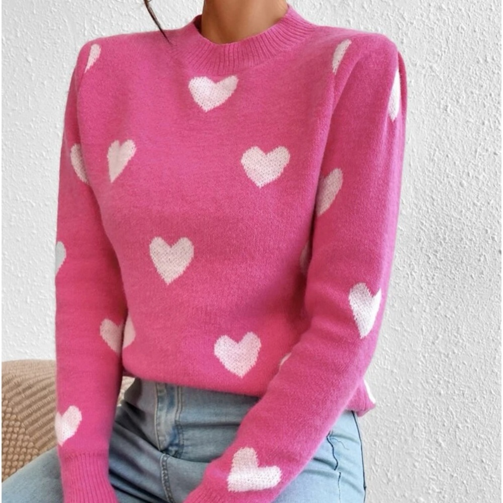 New pink heart print long sleeve sweater